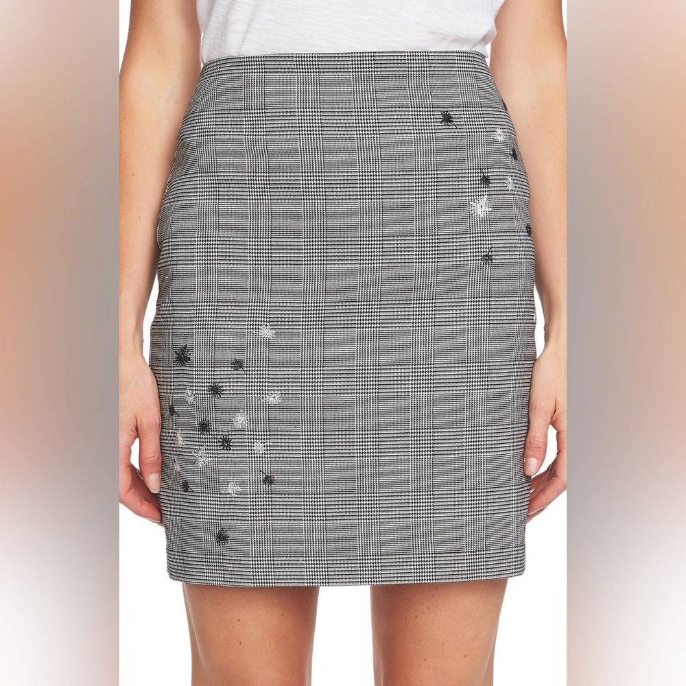 NWOT Cece Black and White Plaid Embroidered Pencil Skirt